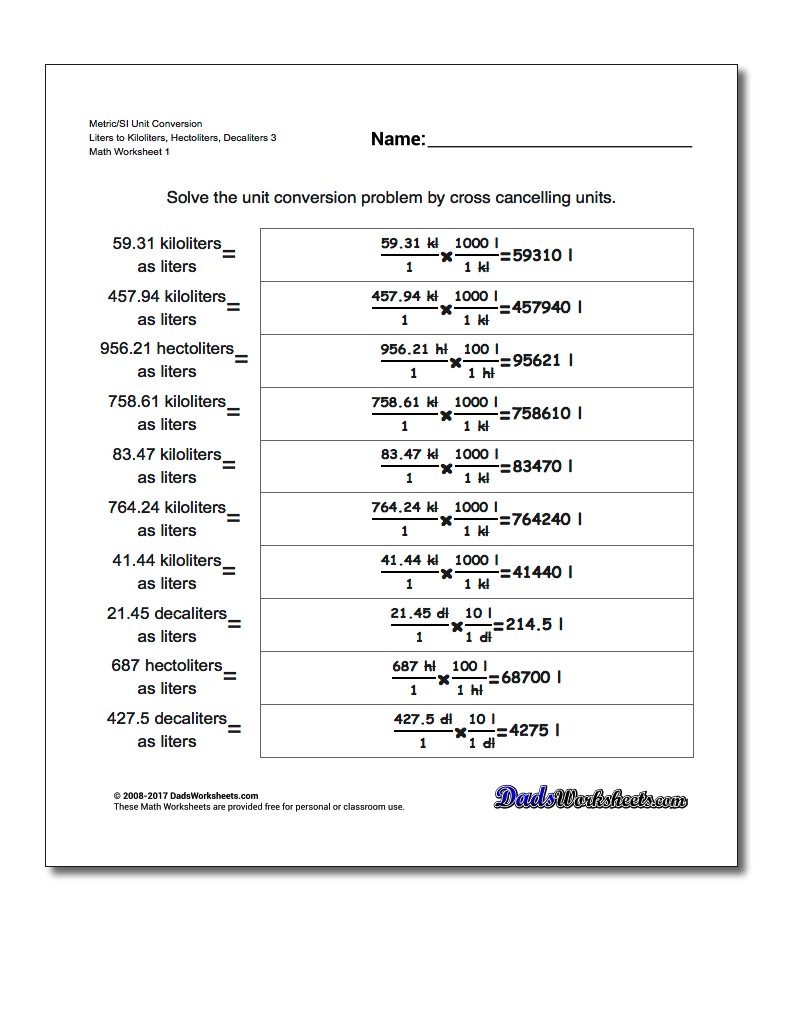 Metric SI Unit Conversion Worksheets Metric/SI Conversion Liters to Kiloliters, Hectoliters, Decaliters 3