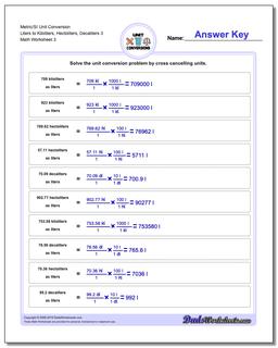 Metric/SI Unit Conversion Worksheet Liters to Kiloliters, Hectoliters, Decaliters 3