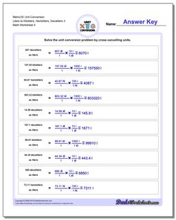 Metric/SI Unit Conversion Worksheet Liters to Kiloliters, Hectoliters, Decaliters 3