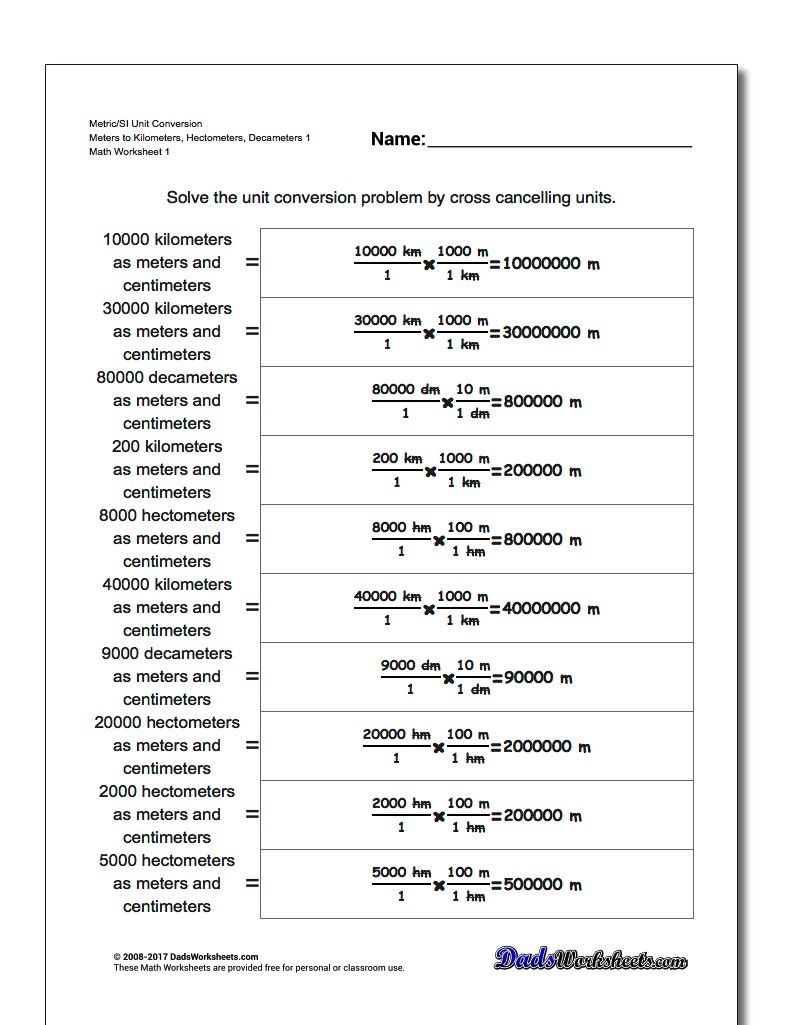 Metric SI Unit Conversion Worksheets Metric/SI Conversion Meters to Kilometers, Hectometers, Decameters 1