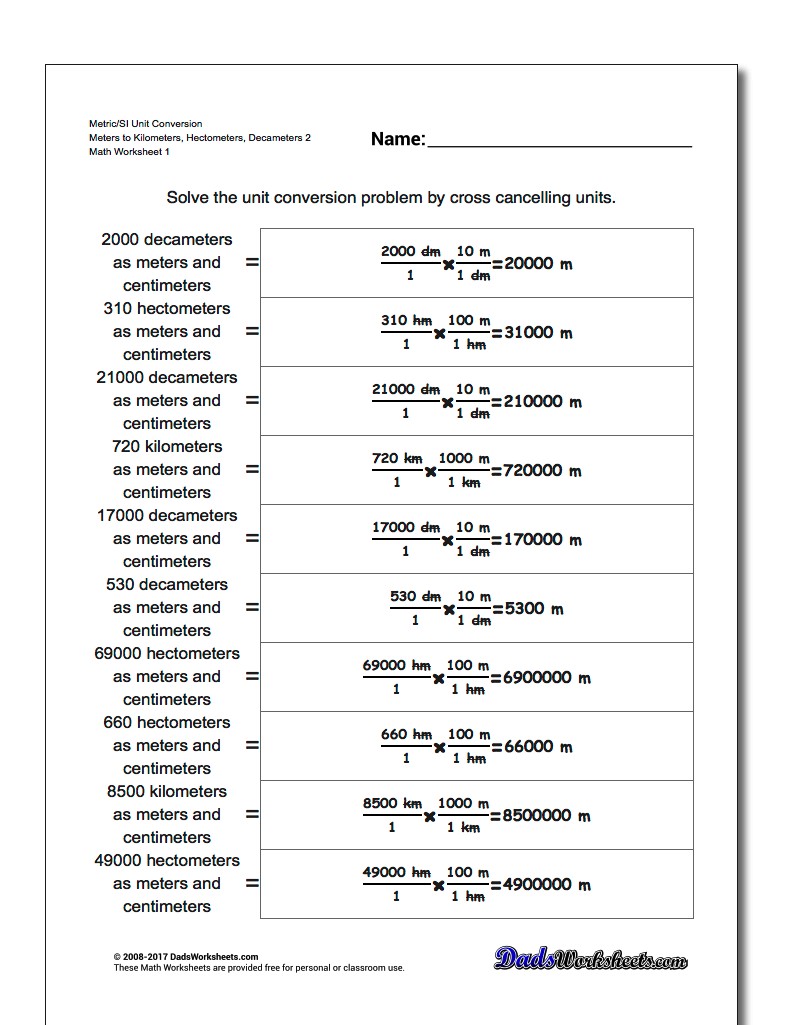 Metric SI Unit Conversion Worksheets Metric/SI Conversion Meters to Kilometers, Hectometers, Decameters 2