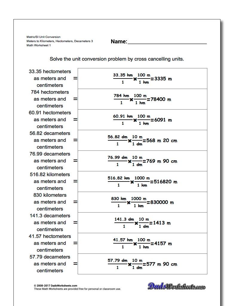 Metric SI Unit Conversion Worksheets Metric/SI Conversion Meters to Kilometers, Hectometers, Decameters 3