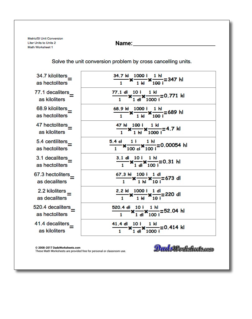 Metric SI Unit Conversion Worksheets Metric/SI Conversion Liter Units to Units 2