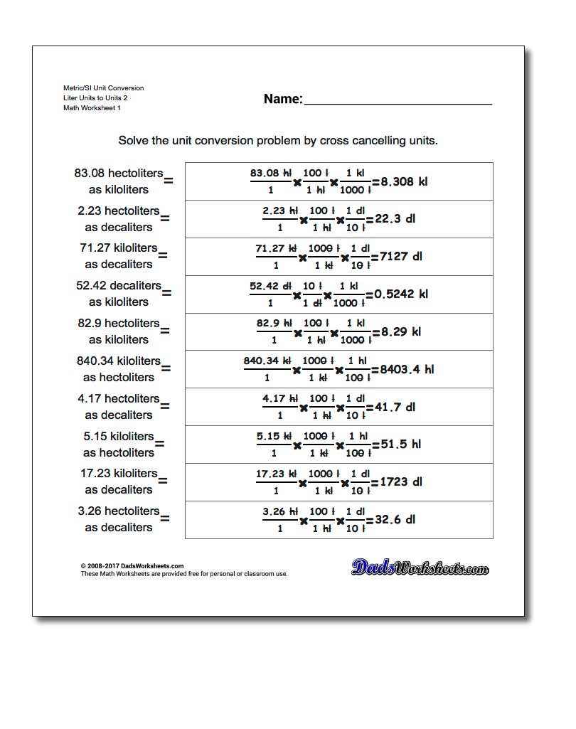 Metric SI Unit Conversion Worksheets Metric/SI Conversion Liter Units to Units 2
