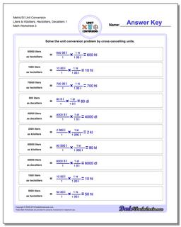 Metric/SI Unit Conversion Worksheet Liters to Kiloliters, Hectoliters, Decaliters 1