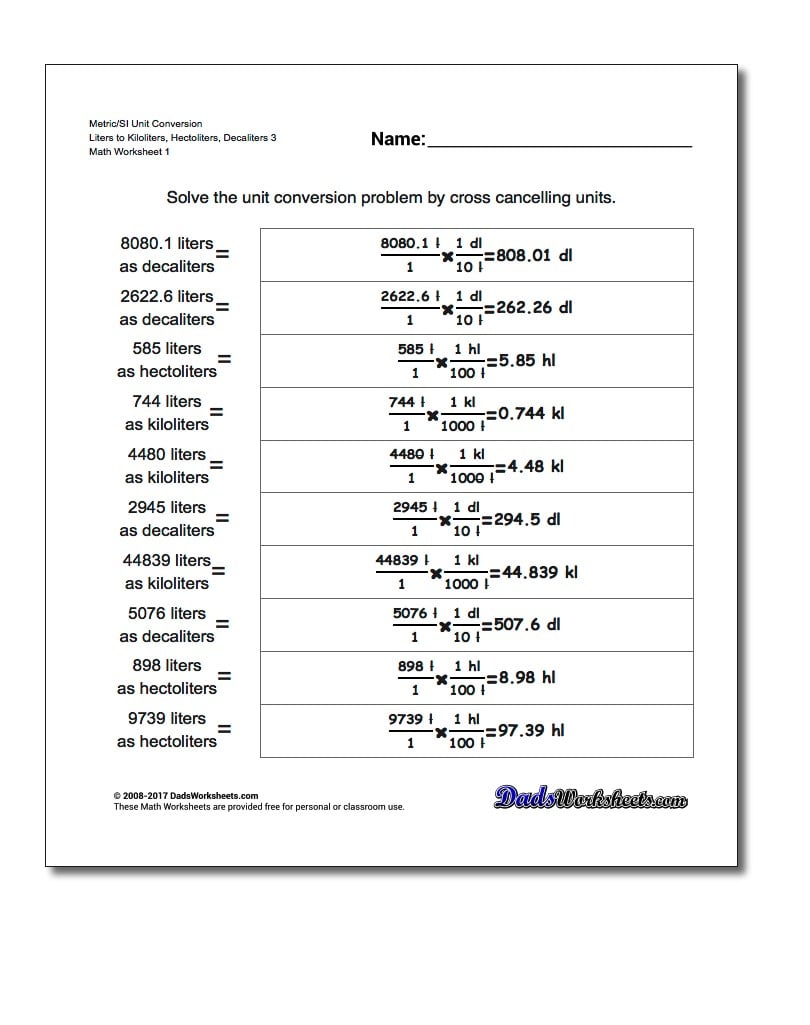 Metric SI Unit Conversion Worksheets Metric/SI Conversion Liters to Kiloliters, Hectoliters, Decaliters 3