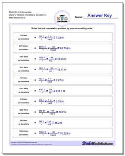 Metric/SI Unit Conversion Worksheet Liters to Kiloliters, Hectoliters, Decaliters 3