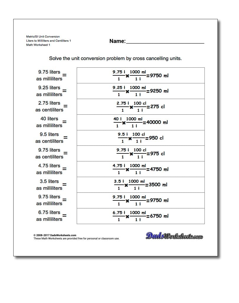 Milliliters To Liters Chart