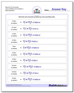 Metric SI Unit Conversion Worksheets Metric/SI Conversion Liters to Milliliters and Centiliters 2