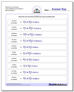 Metric/SI Unit Conversion Worksheet Liters to Milliliters and Centiliters 3