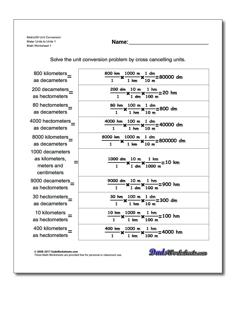 Metric SI Unit Conversion Worksheets Metric/SI Conversion Meter Units to Units 1
