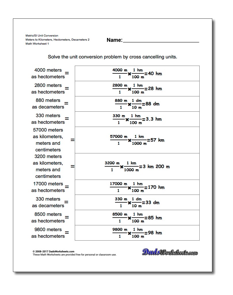 Metric SI Unit Conversion Worksheets Metric/SI Conversion Meters to Kilometers, Hectometers, Decameters 2