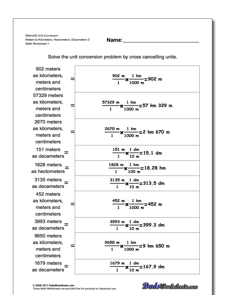 Metric SI Unit Conversion Worksheets Metric/SI Conversion Meters to Kilometers, Hectometers, Decameters 3
