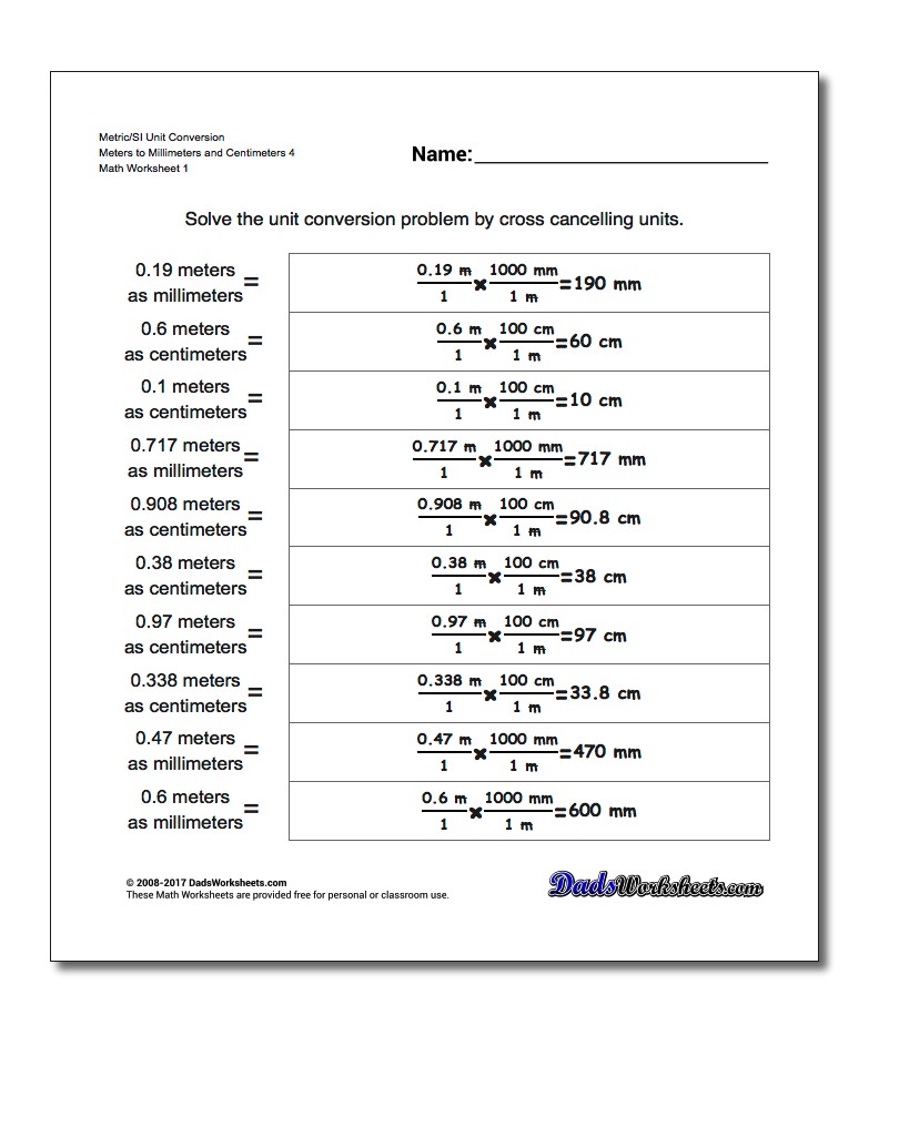 Metric SI Unit Conversion Worksheets Metric/SI Conversion Meters to Millimeters and Centimeters 4