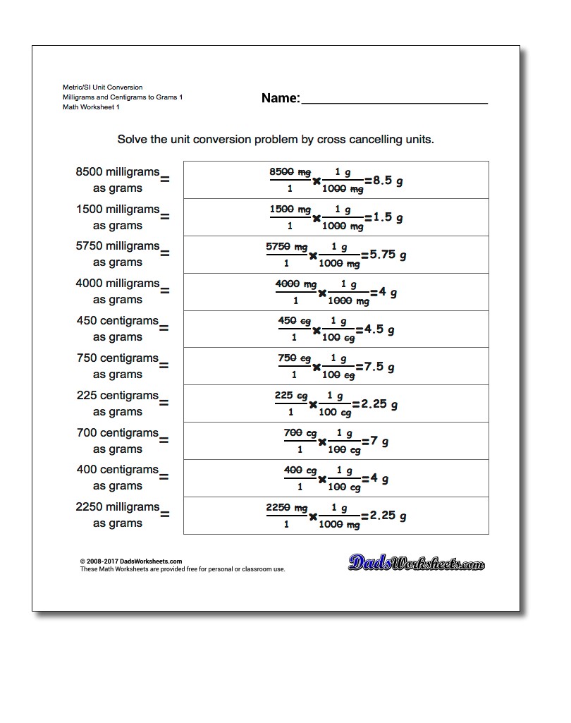 Metric SI Unit Conversion Worksheets Metric/SI Conversion Milligrams and Centigrams to Grams 1
