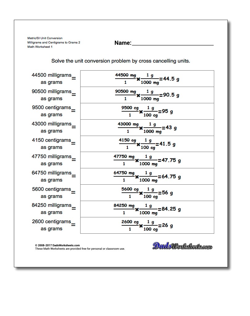 Metric SI Unit Conversion Worksheets Metric/SI Conversion Milligrams and Centigrams to Grams 2