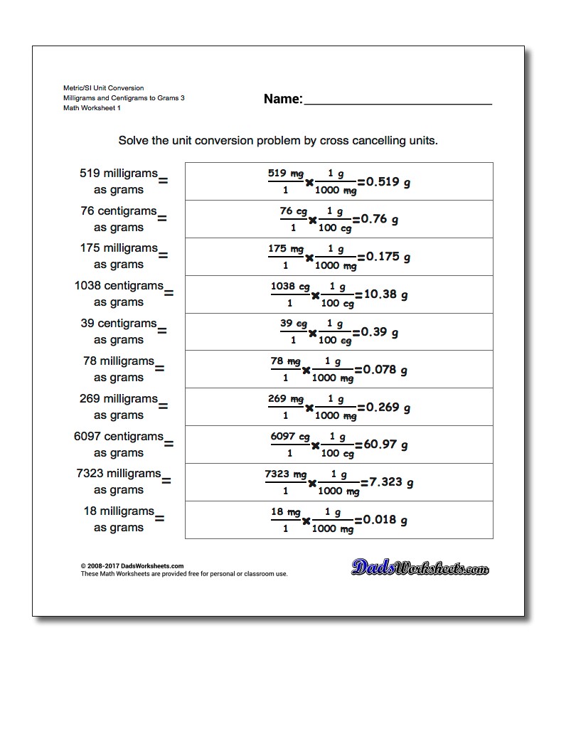 Metric SI Unit Conversion Worksheets Metric/SI Conversion Milligrams and Centigrams to Grams 3
