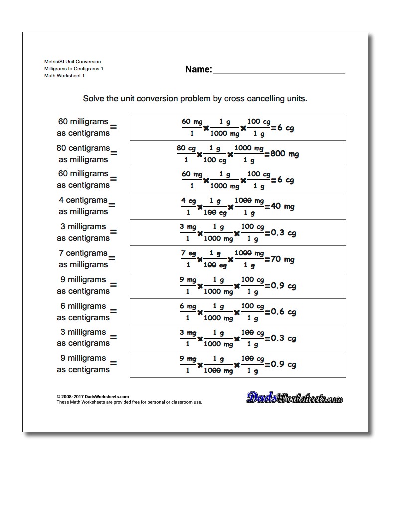 Metric SI Unit Conversion Worksheets Metric/SI Conversion Milligrams to Centigrams 1