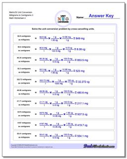 Metric/SI Unit Conversion Worksheet Milligrams to Centigrams 3