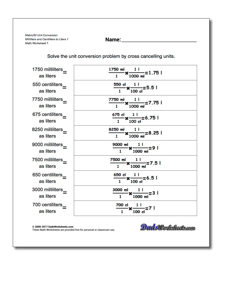 Metric SI Unit Conversion Worksheets Metric/SI Conversion Milliliters and Centiliters to Liters 1