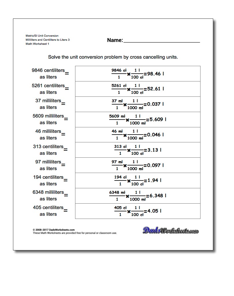Metric SI Unit Conversion Worksheets Metric/SI Conversion Milliliters and Centiliters to Liters 3