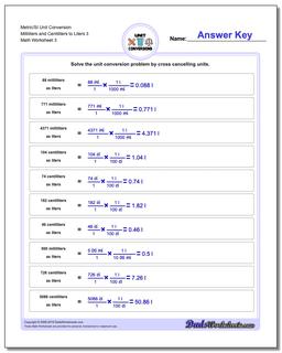 Metric/SI Unit Conversion Worksheet Milliliters and Centiliters to Liters 3