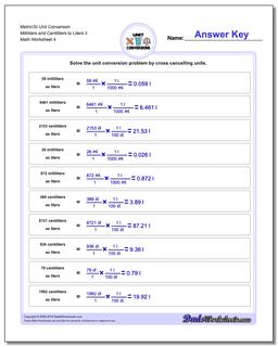 Metric/SI Unit Conversion Worksheet Milliliters and Centiliters to Liters 3