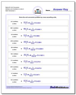 Metric/SI Unit Conversion Worksheet Milliliters and Centiliters to Liters 4