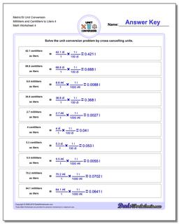 Metric/SI Unit Conversion Worksheet Milliliters and Centiliters to Liters 4