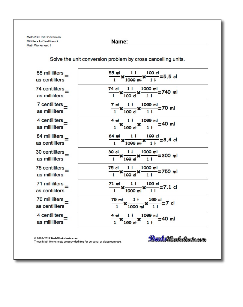 Metric SI Unit Conversion Worksheets Metric/SI Conversion Milliliters to Centiliters 2