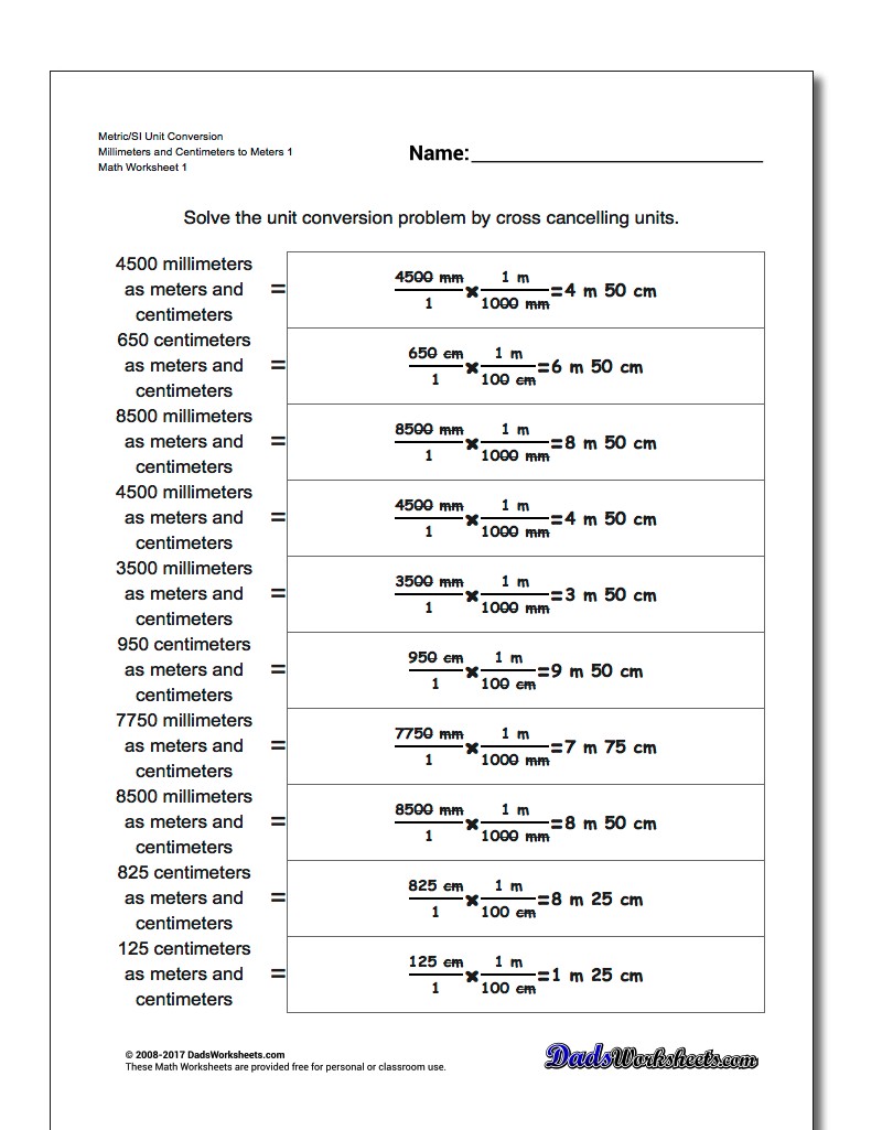Metric SI Unit Conversion Worksheets Metric/SI Conversion Millimeters and Centimeters to Meters 1