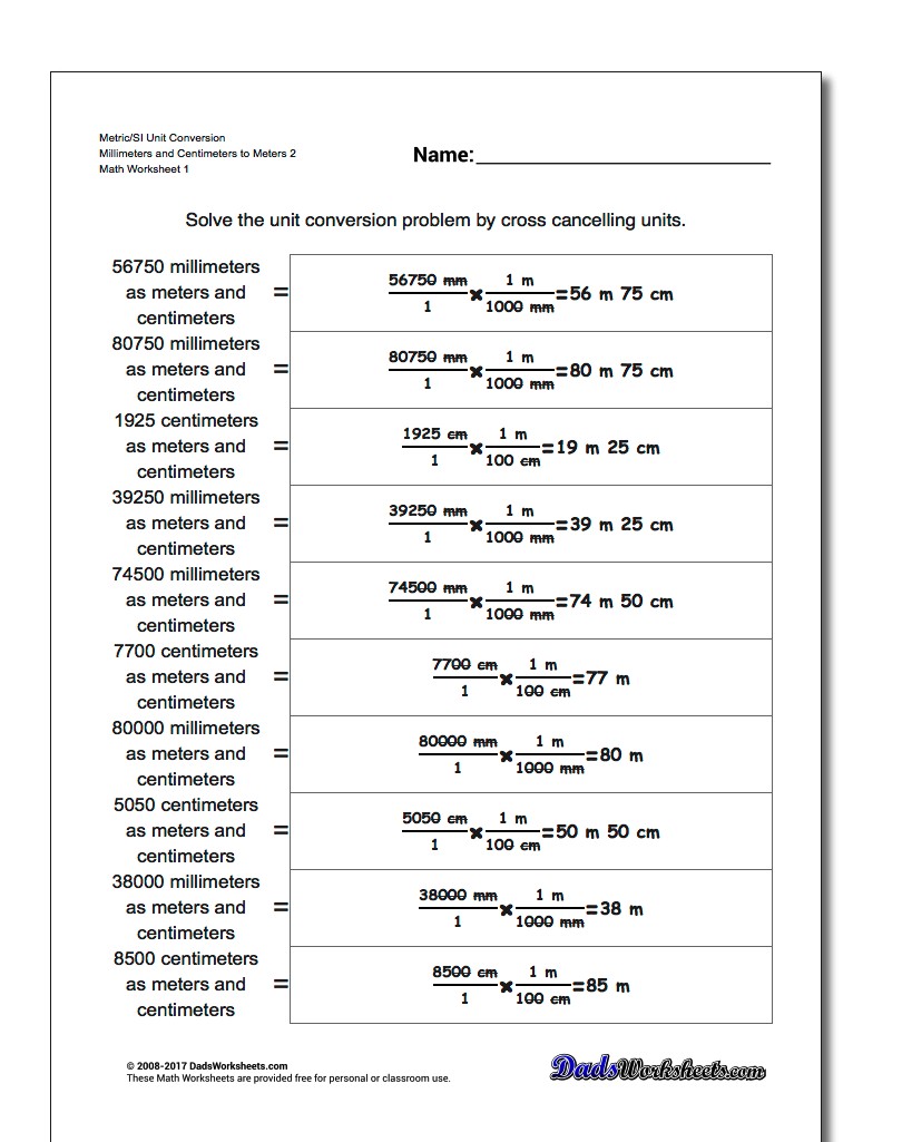 Metric SI Unit Conversion Worksheets Metric/SI Conversion Millimeters and Centimeters to Meters 2
