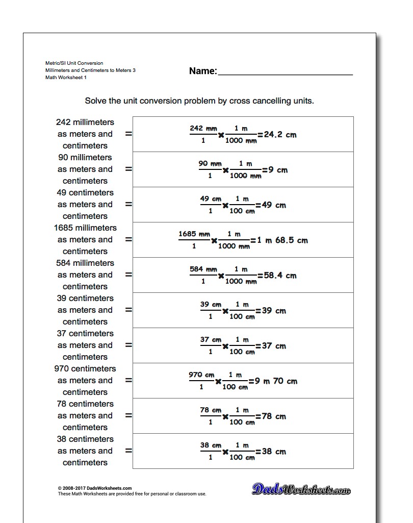 Metric SI Unit Conversion Worksheets Metric/SI Conversion Millimeters and Centimeters to Meters 3