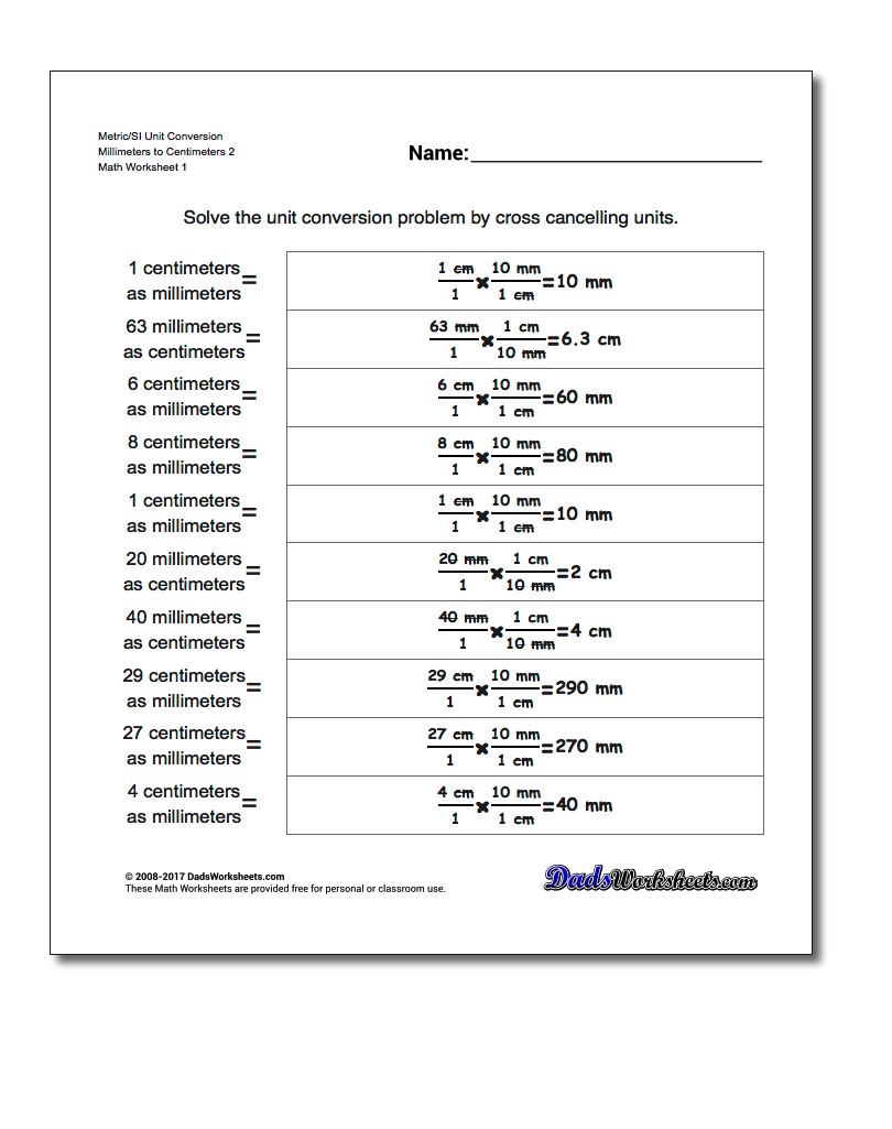 Metric SI Unit Conversion Worksheets Metric/SI Conversion Millimeters to Centimeters 2