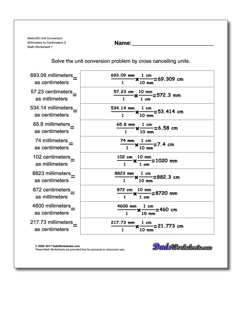 Metric SI Unit Conversion Worksheets Metric/SI Conversion Millimeters to Centimeters 3