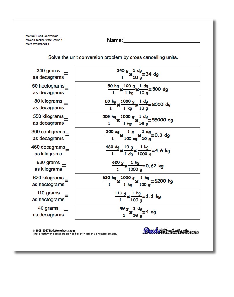 Metric SI Unit Conversion Worksheets Metric/SI Conversion Mixed Practice with Grams 1