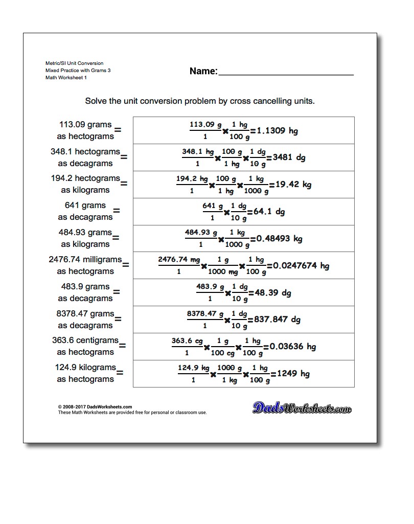 Metric SI Unit Conversion Worksheets Metric/SI Conversion Mixed Practice with Grams 3
