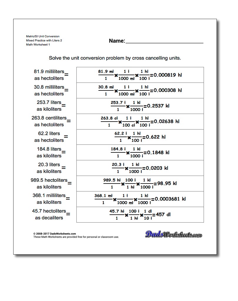 Metric SI Unit Conversion Worksheets Metric/SI Conversion Mixed Practice with Liters 2