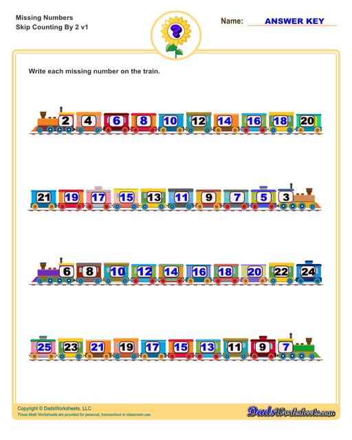 These missing numbers worksheets are appropriate for preschool and kindergarten age students for counting practice. Each worksheet shows a sequence of numbers in ascending or descending order and the student fills in missing values to complete the series.  Counting By 2 V1