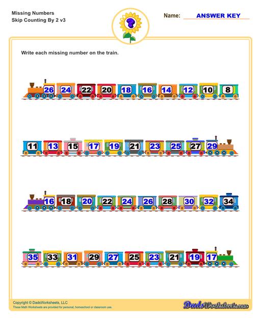 These missing numbers worksheets are appropriate for preschool and kindergarten age students for counting practice. Each worksheet shows a sequence of numbers in ascending or descending order and the student fills in missing values to complete the series.  Counting By 2 V3