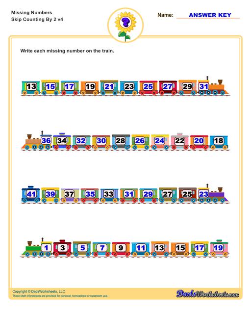 These missing numbers worksheets are appropriate for preschool and kindergarten age students for counting practice. Each worksheet shows a sequence of numbers in ascending or descending order and the student fills in missing values to complete the series.  Counting By 2 V4