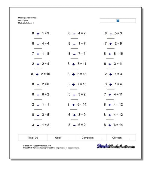 Missing Operations Add Subtract With Eights Worksheet