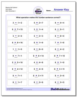 Missing Add Subtract With Eights /worksheets/missing-operations.html Worksheet