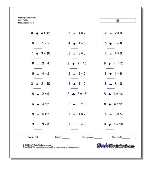 Missing Add Subtract With Eights Worksheet