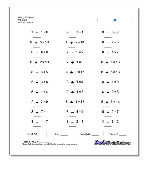 Missing Add Subtract With Eights Worksheet