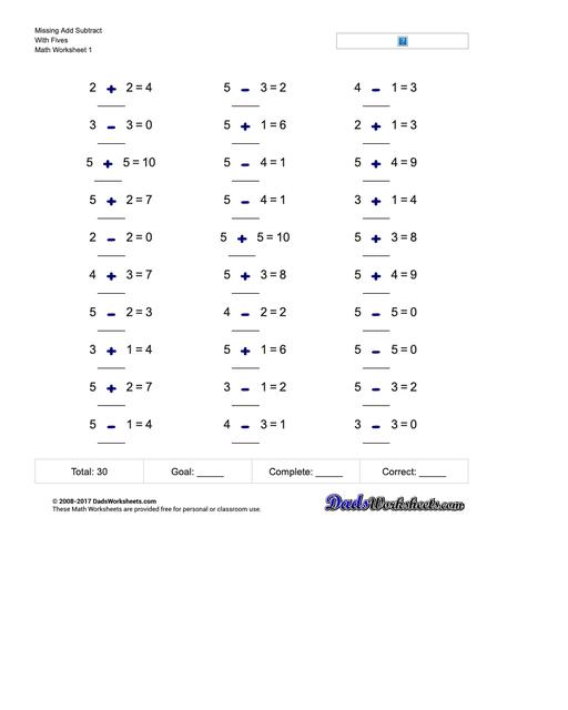 Missing Operations Add Subtract With Fives Worksheet