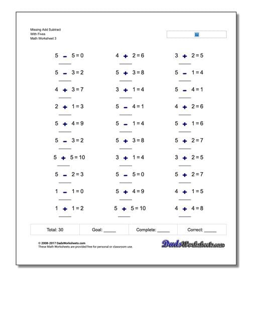 Missing Add Subtract With Fives Worksheet