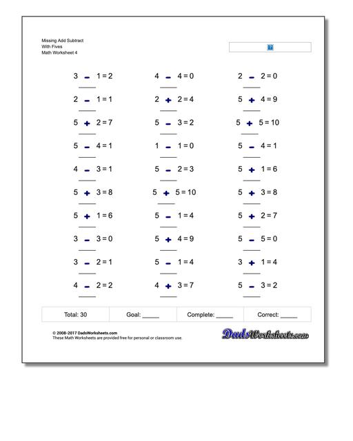 Missing Add Subtract With Fives Worksheet