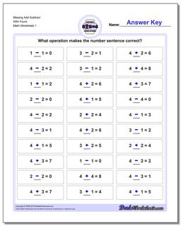Missing Operations Add Subtract With Fours Worksheet