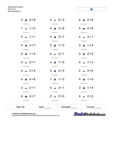 Adding and Subtracting Missing Operation Worksheets